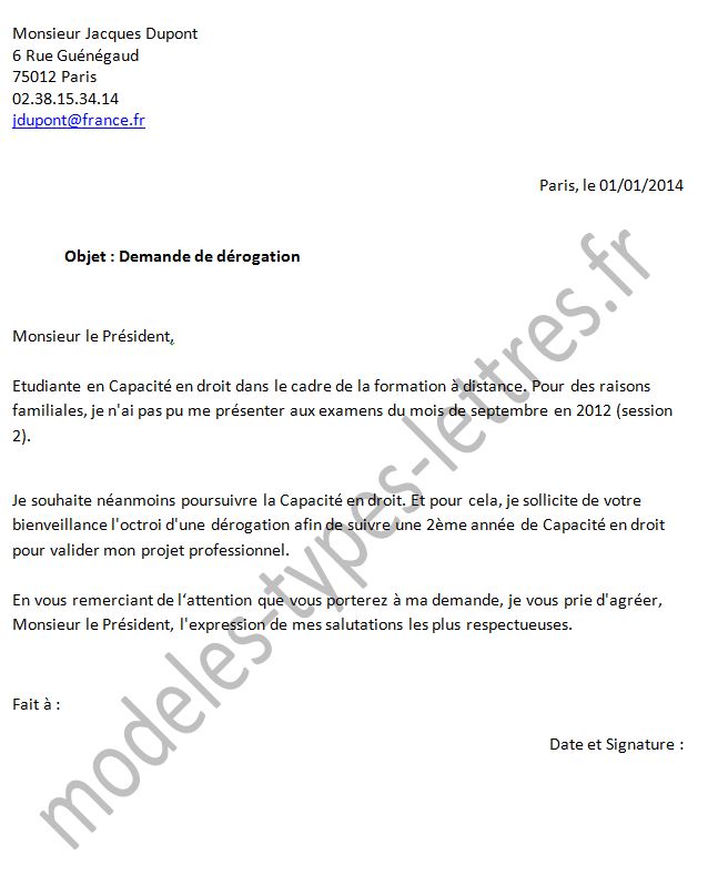 lettre de demande de derogation