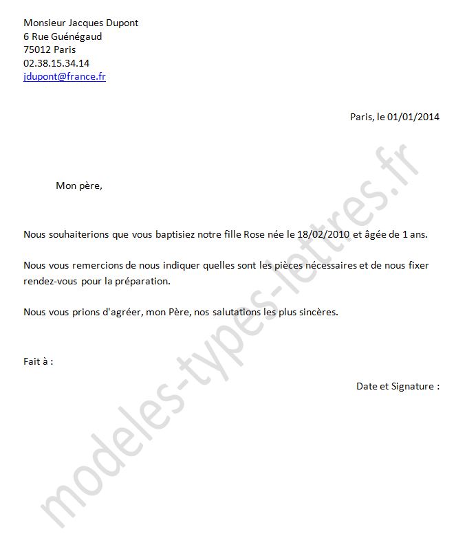 modele de courrier bapteme