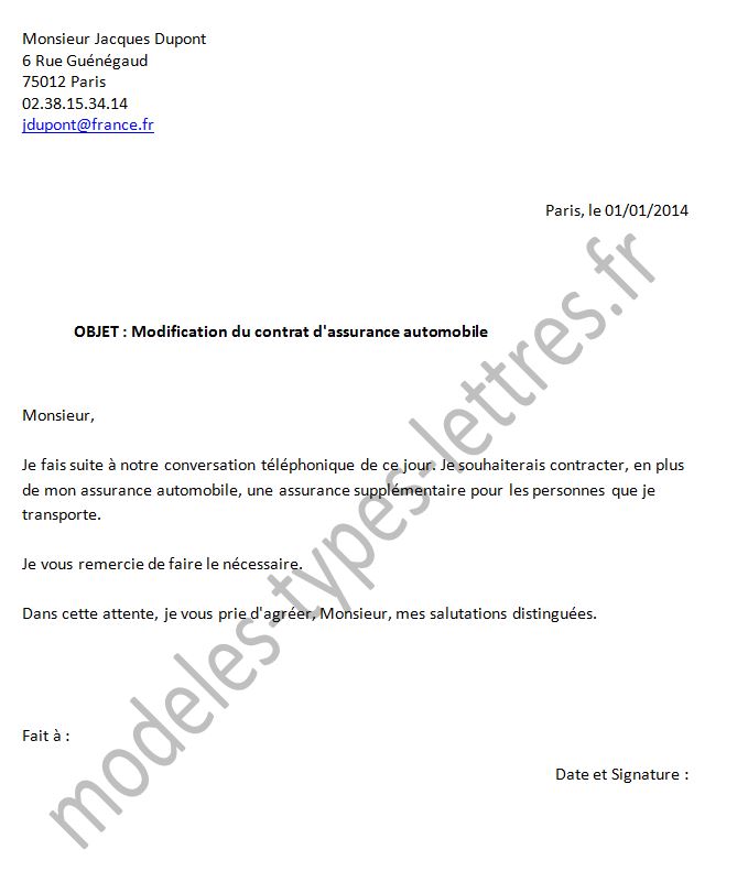 lettre type avenant contrat de travail