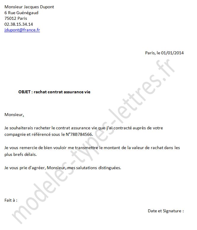 modele de courrier rachat assurance vie