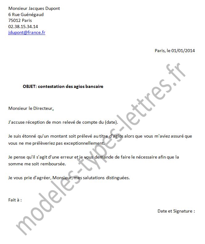 Lettre Contestation Banque Moseia