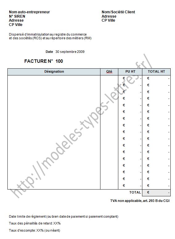 Modèle de facture pour auto-entrepreneur