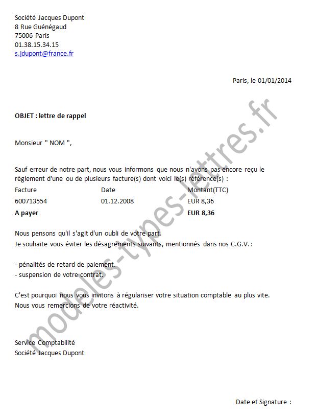 exemple de courrier pour facture impaye