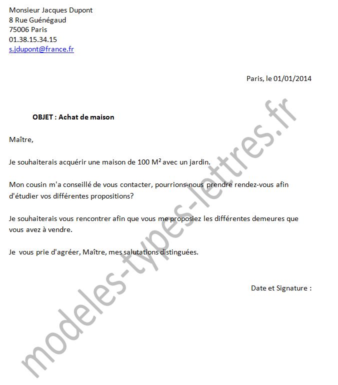 exemple de lettre notaire immobilier