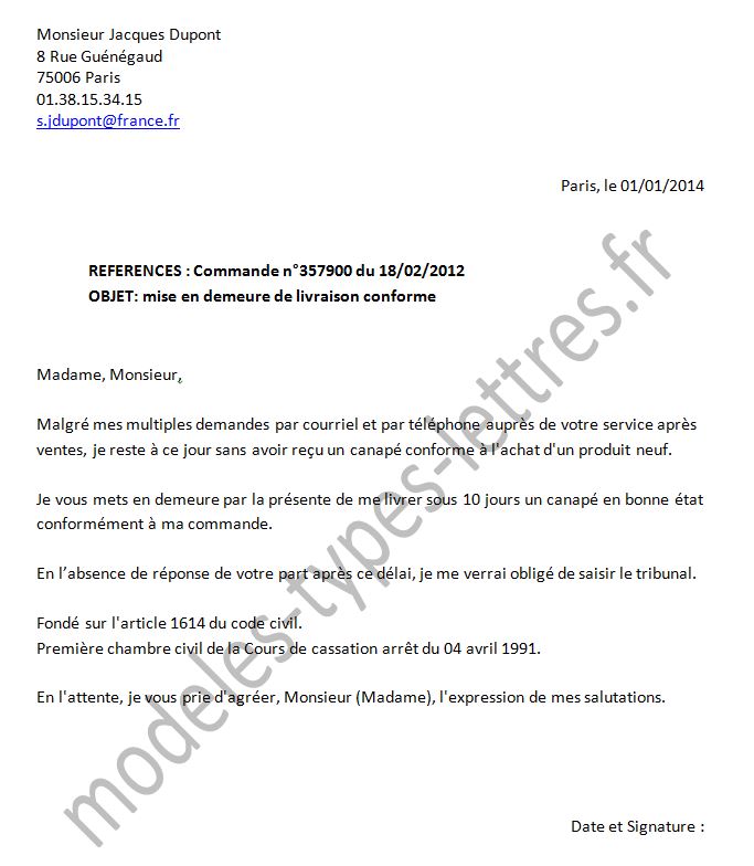 Modèle lettre juridique type gratuite : litige, mise en demeure, caution, 