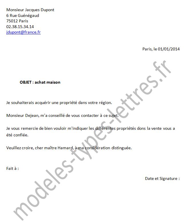 lettre type achat immobilier