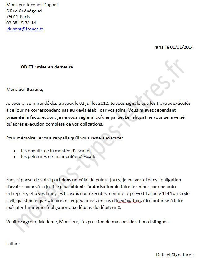 Lettre de mise en demeure d'exécuter la garantie commerciale suite à un achat 