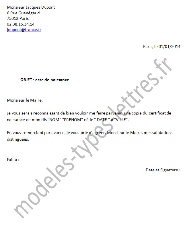 modele de courrier pour une naissance