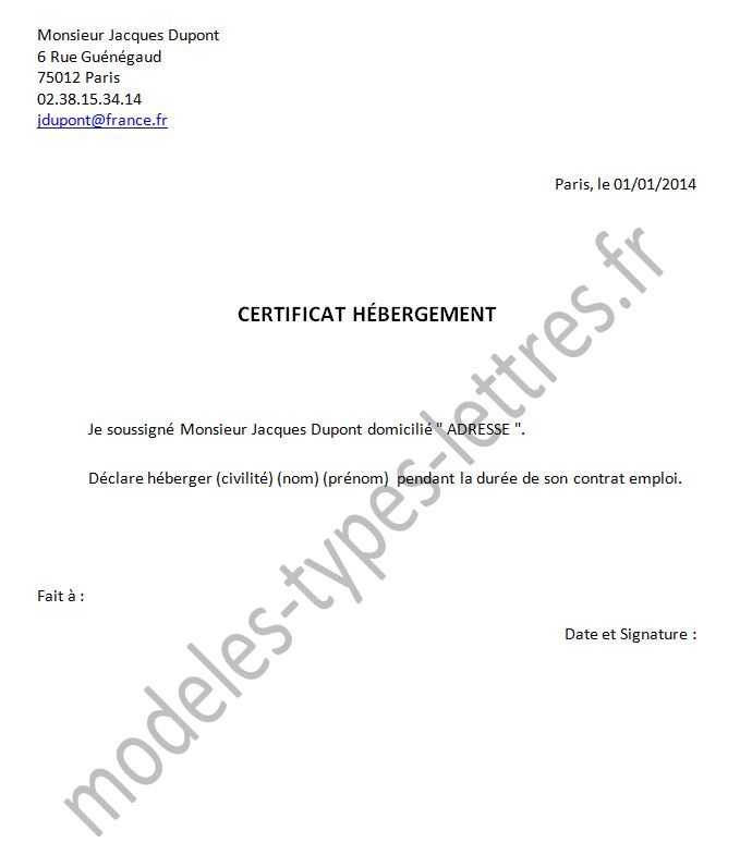 exemple de courrier attestation d'hebergement