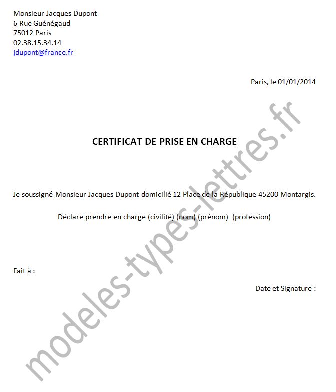 exemple d attestation de prise en charge