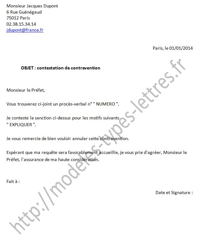 exemple de lettre contestation amende