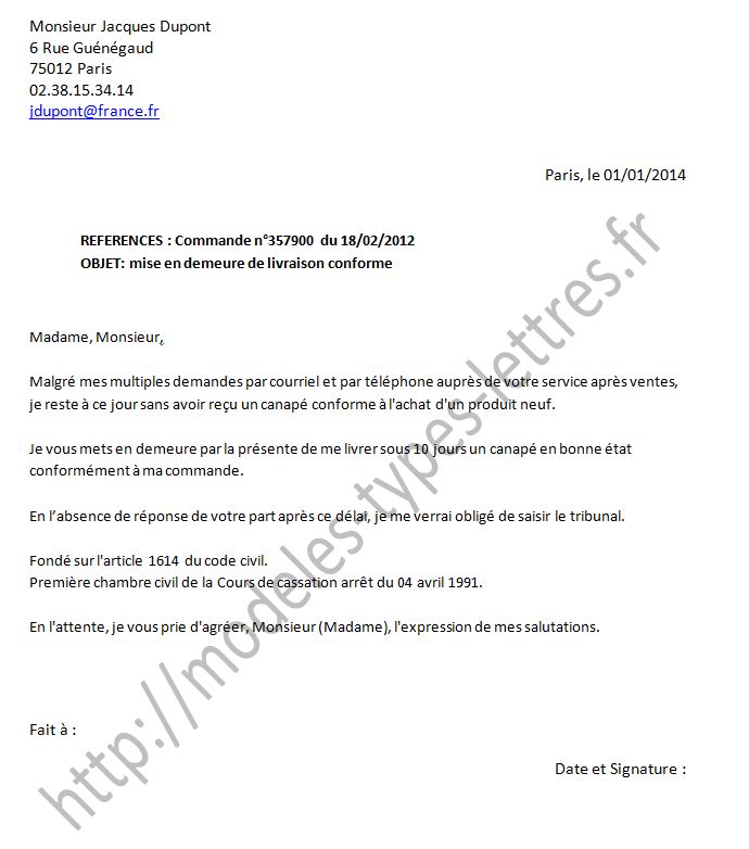 lettre de reclamation produit defectueux