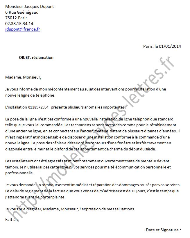 Modele De Lettre Demande D'Une Ligne Téléphonique