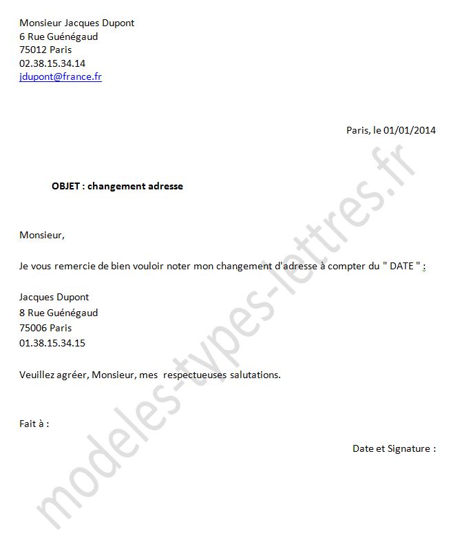 modele de courrier pour un changement d'adresse