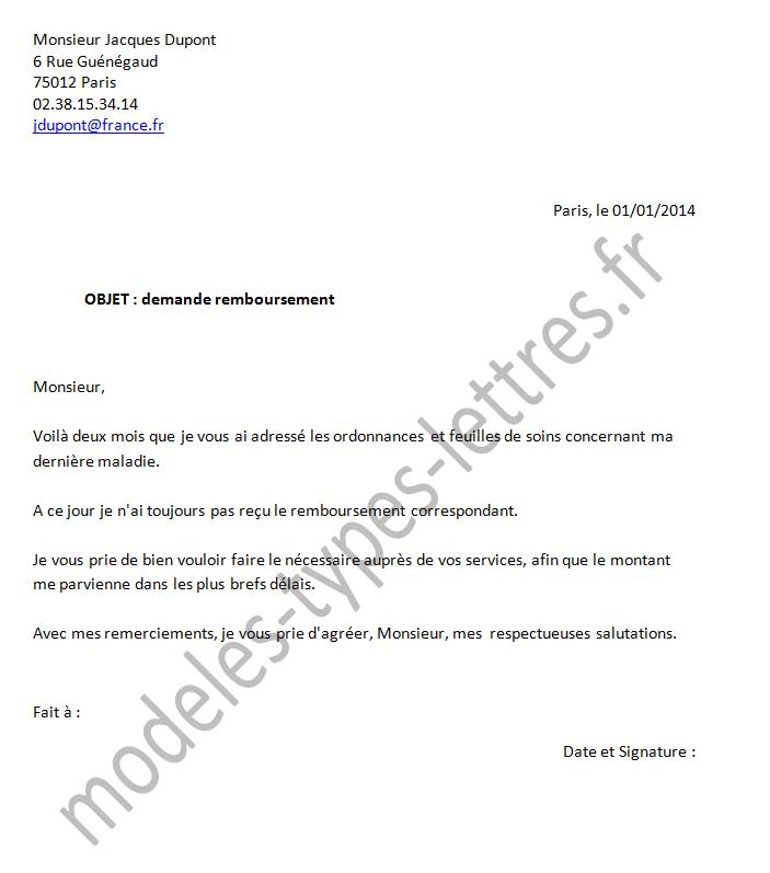 lettre de remboursement assurance